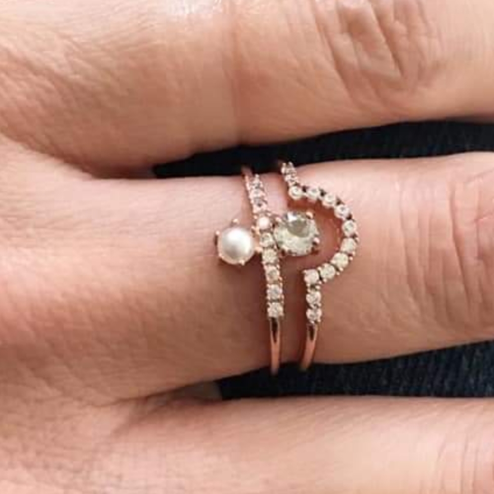 LAST ONE! c+i Rose Gold Pave Pearl Stacking Rings Set Size 9 - Picture 2 of 3